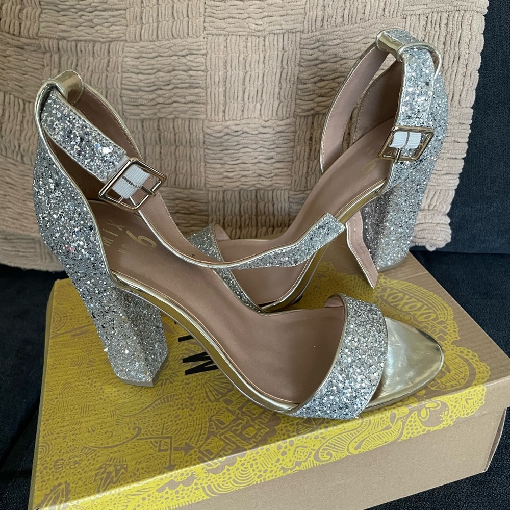 Silver sparkle block heels